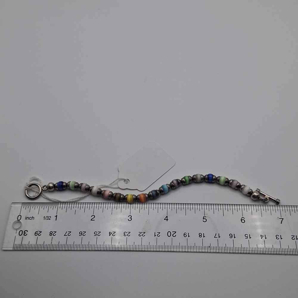 Vtg Sterling Silver Multicolor Glass Cat Eye Bracelet 7" Toggle Clasp 14.41g - Picture 7 of 7